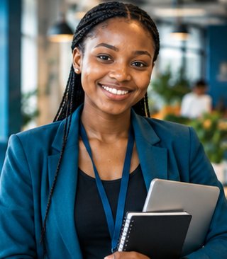 Smiling learner holding a notebook and tablet